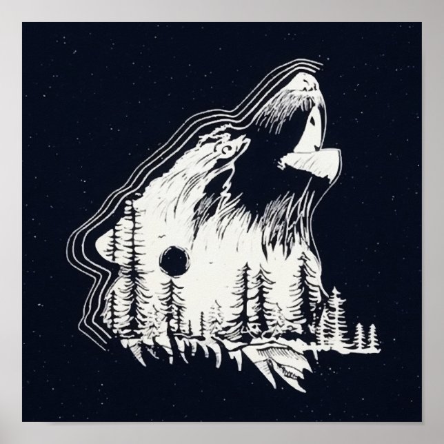 Moonlight Winter Wolf Pine Tree Forest Poster (Front)