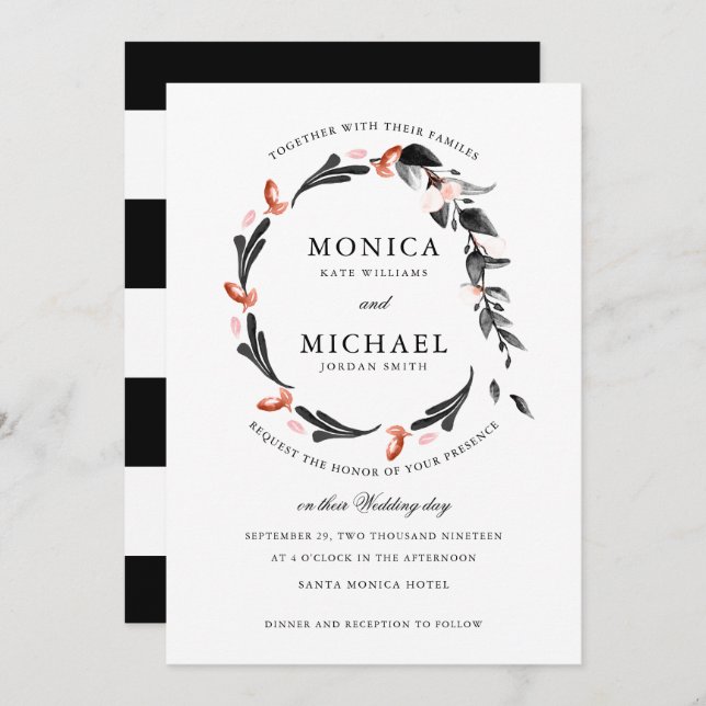 Moonlight Wreath | Modern botanical wedding Invitation (Front/Back)