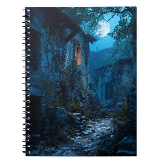 Moonlit Abandoned Village Path Notebook (Front)