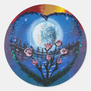 Moonlit and flowers- handmade artwork classic round sticker