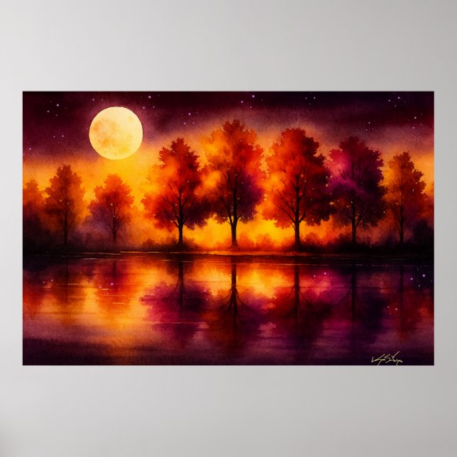 Moonlit Autumn Reflections Forest by Night Poster (Front)