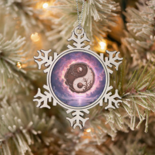 Moonlit Balance – Yin Yang of Eternal Light. Snowflake Pewter Christmas Ornament