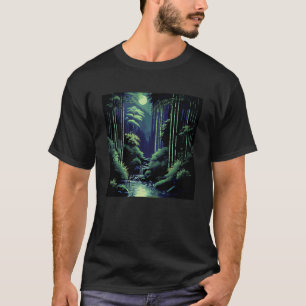 Moonlit Bamboo Grove Pixelated Water Stream T-Shirt