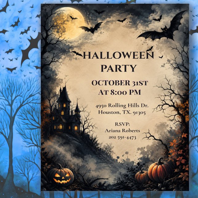 Moonlit Bats Gothic Halloween Party Invitation (Creator Uploaded)