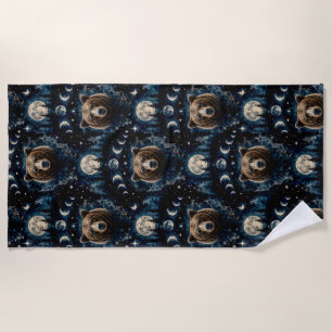 Moonlit Bear Watercolor Pattern Celestial Forest Beach Towel