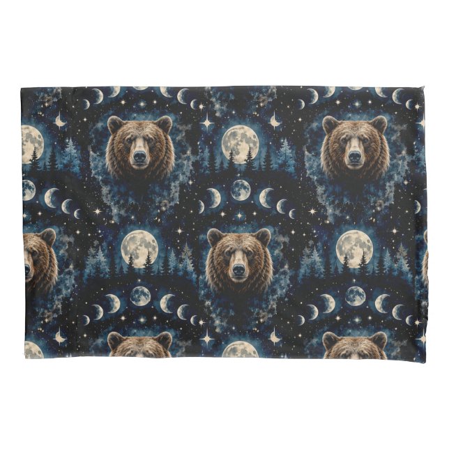 Moonlit Bear Watercolor Pattern | Celestial Forest Pillowcase (Front)