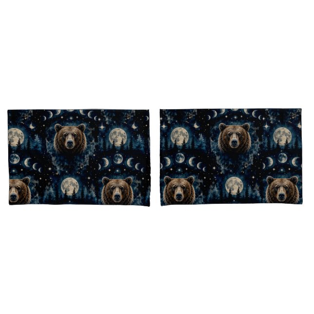 Moonlit Bear Watercolor Pattern | Celestial Forest Pillowcase (Front-Set)