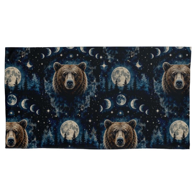 Moonlit Bear Watercolor Pattern | Celestial Forest Pillowcase (Front-Left)