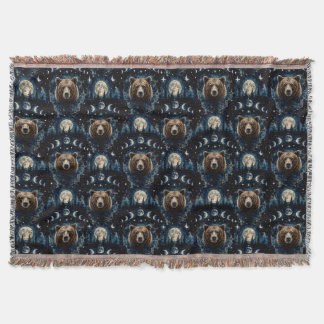 Moonlit Bear Watercolor Pattern | Celestial Forest Throw Blanket