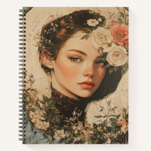 Moonlit Beauty - Woman with Flower and Full Moon Notebook
