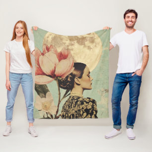 Moonlit Beauty – Woman with Pink Flower and Moon Fleece Blanket