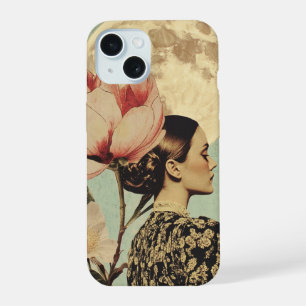 Moonlit Beauty – Woman with Pink Flower and Moon iPhone 15 Case