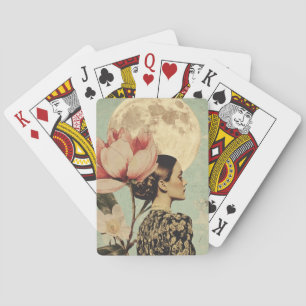 Moonlit Beauty – Woman with Pink Flower and Moon Playing Cards