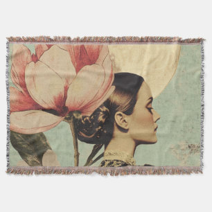 Moonlit Beauty – Woman with Pink Flower and Moon Throw Blanket