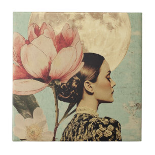 Moonlit Beauty – Woman with Pink Flower and Moon Tile