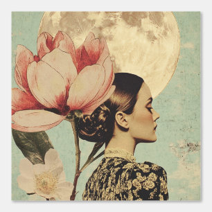 Moonlit Beauty – Woman with Pink Flower and Moon Wallpaper