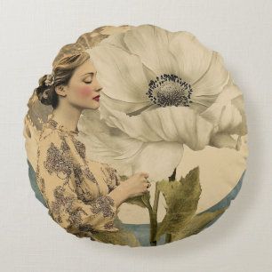 Moonlit Beauty – Woman with White Flower and Moon Round Cushion