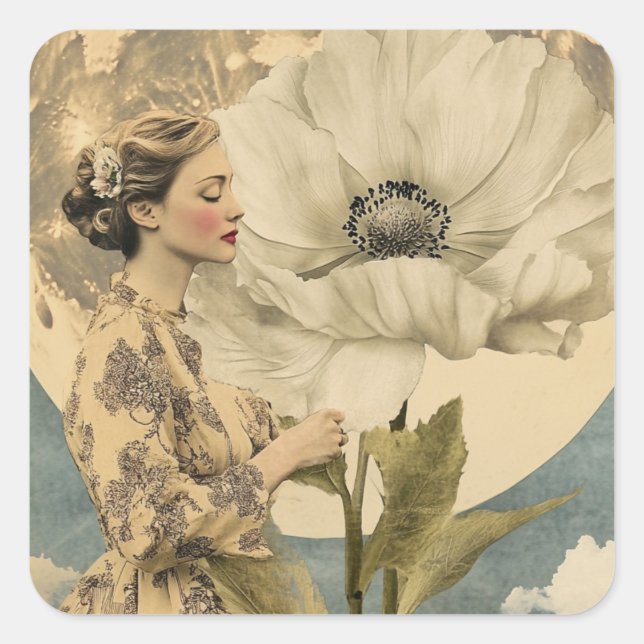 Moonlit Beauty – Woman with White Flower and Moon Square Sticker (Front)