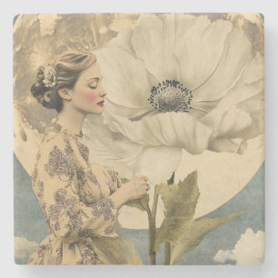Moonlit Beauty – Woman with White Flower and Moon Stone Coaster