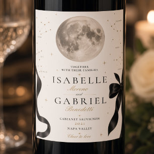 Moonlit Black Bow Celestial Wedding Wine Label