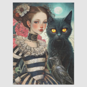 Moonlit Black Cat Goth Girl & Raven Decoupage Tissue Paper