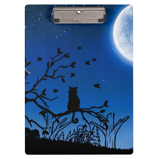 Moonlit Black Cat on Tree Silhouette Clipboard (Front)