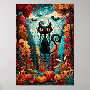 Moonlit Black Cat Pumpkin Fantasy Poster