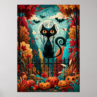 Moonlit Black Cat Pumpkin Fantasy Poster