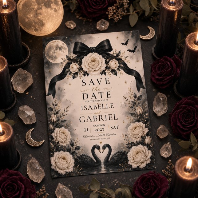 Moonlit Black Swan Gothic Save the Date Card (Creator Uploaded)