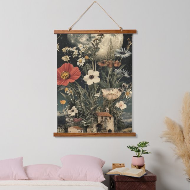 Moonlit Blooms Over Rustic Charm Hanging Tapestry (Bedroom)