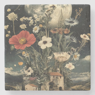 Moonlit Blooms Over Rustic Charm Stone Coaster