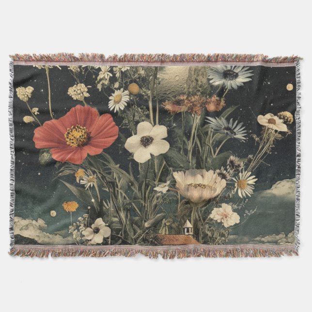 Moonlit Blooms Over Rustic Charm Throw Blanket (Front)