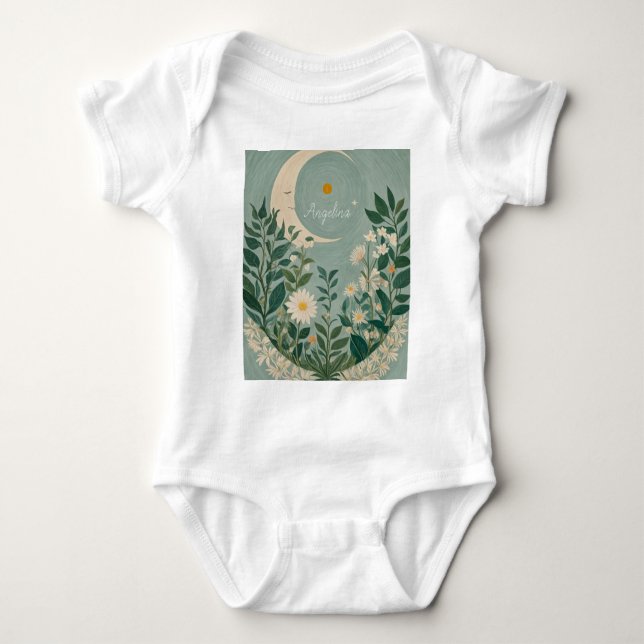 Moonlit Blooms: Pastel Floral and Crescent Moon Baby Bodysuit (Front)