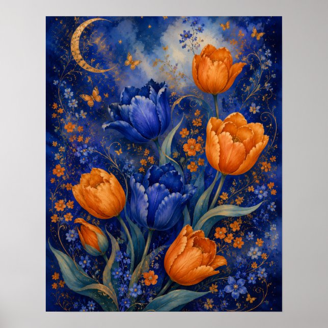 MOONLIT BLUE AMBER TULIP GARDEN POSTER (Front)