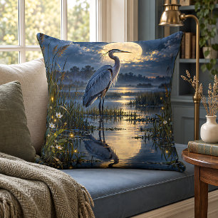 Moonlit Blue Heron Wetland Fireflies Night Scene Cushion