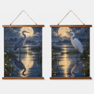 Moonlit Blue Heron White Egret Wetland Scenes Hanging Tapestry