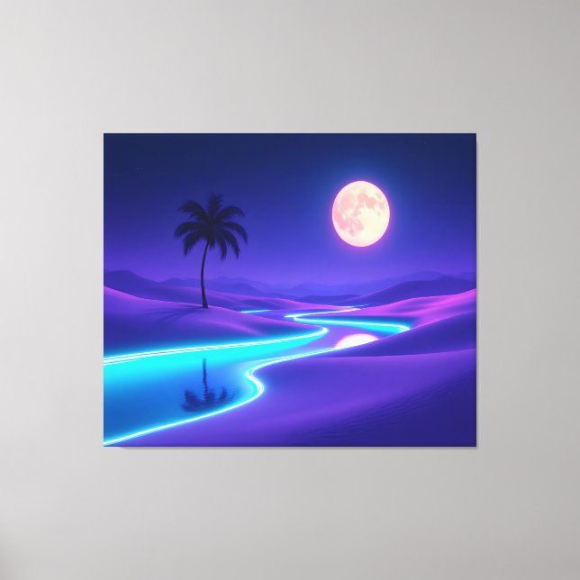 Moonlit Blue Oasis – Dreamy Desert Night Landscape Canvas Print (Front)