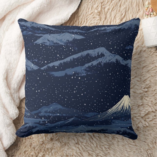 Moonlit Blue Snow Mountains Celestial Pattern Cushion (Blanket)