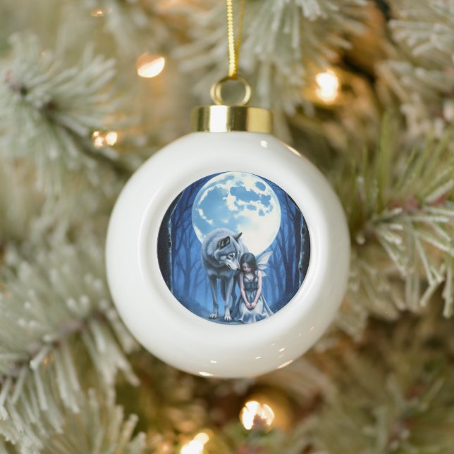 Moonlit Bond – The Wolf and the Gothic Fairy.   Ceramic Ball Christmas Ornament (Tree)