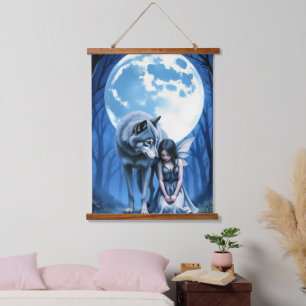Moonlit Bond – The Wolf and the Gothic Fairy.   Hanging Tapestry