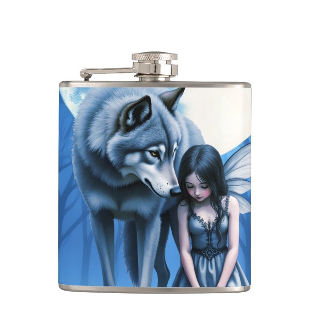 Moonlit Bond – The Wolf and the Gothic Fairy.   Hip Flask (Front)