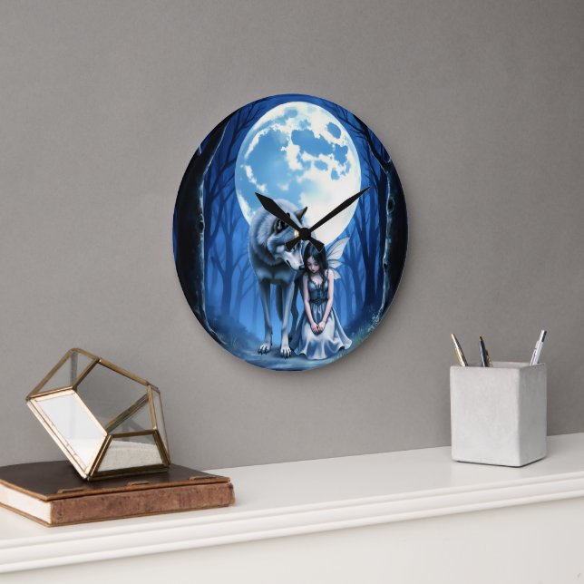 Moonlit Bond – The Wolf and the Gothic Fairy.   Large Clock (Office)