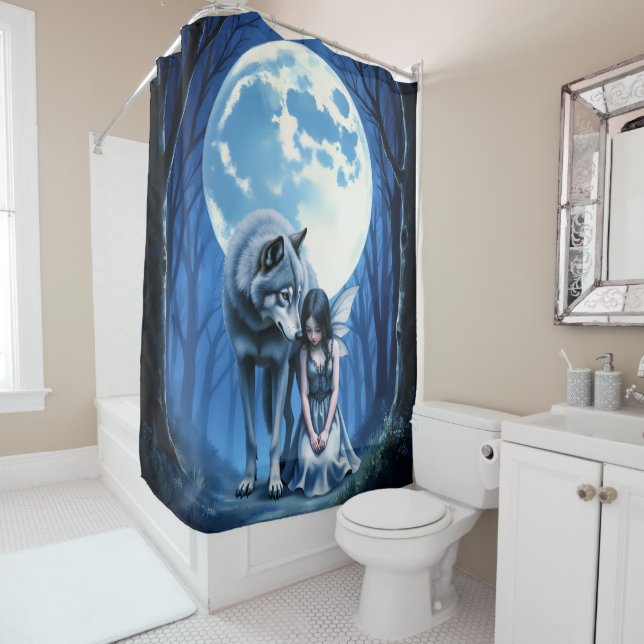 Moonlit Bond – The Wolf and the Gothic Fairy.   Shower Curtain (In Situ)