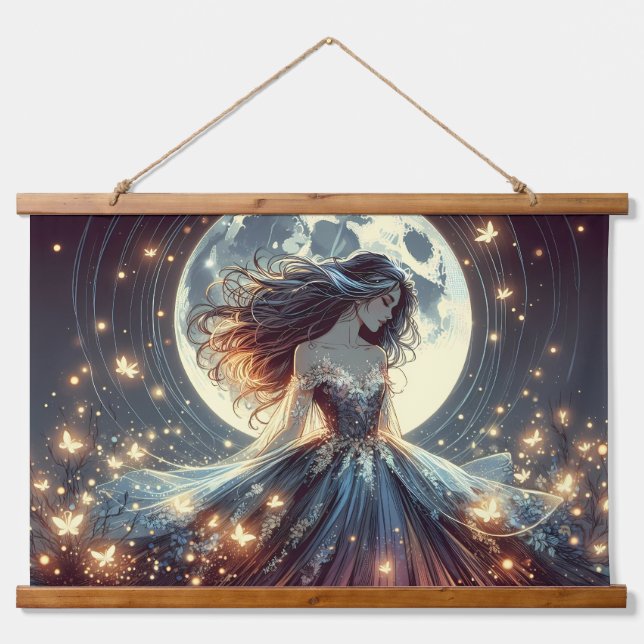 Moonlit Butterfly Enchantress Fantasy Hanging Tapestry (Front)
