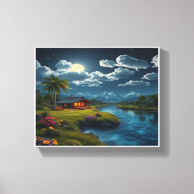Moonlit Cabin by the River – Nature Wall Art (Front)