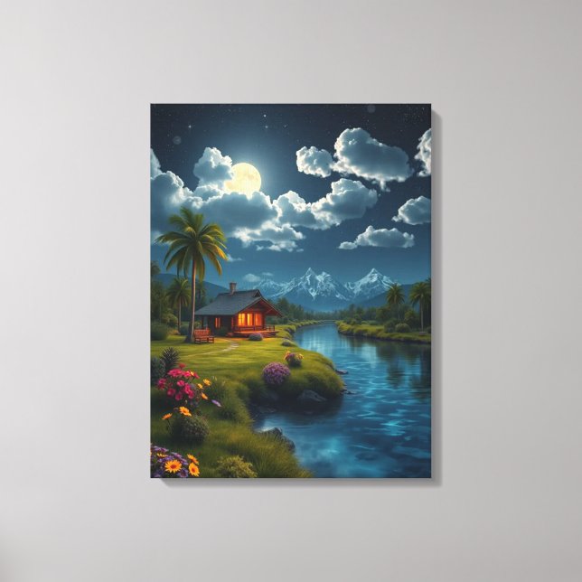 Moonlit Cabin by the River – Nature Wall Art.  Canvas Print (Front)