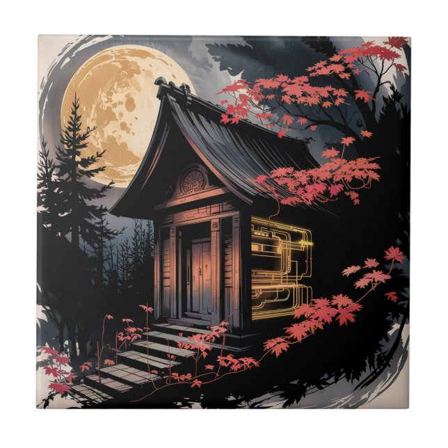 Moonlit Cabin Japanese Forest Art (10) Tile (Front)