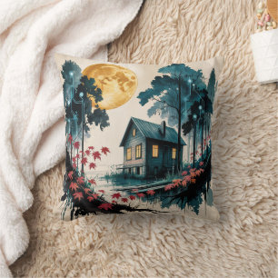 Moonlit Cabin Japanese Forest Art (1) Cushion