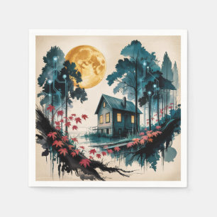 Moonlit Cabin Japanese Forest Art (1) Napkin
