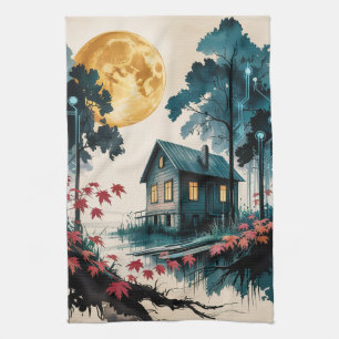 Moonlit Cabin Japanese Forest Art (1) Tea Towel